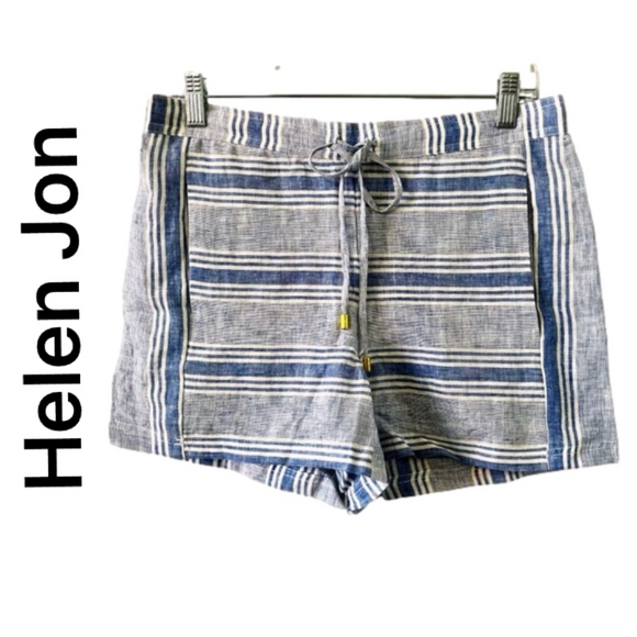 Helen Jon Pants - HELEN JON Coastal Shorts Andorra Blue Striped Linen Drawstring Waist Size S NWT